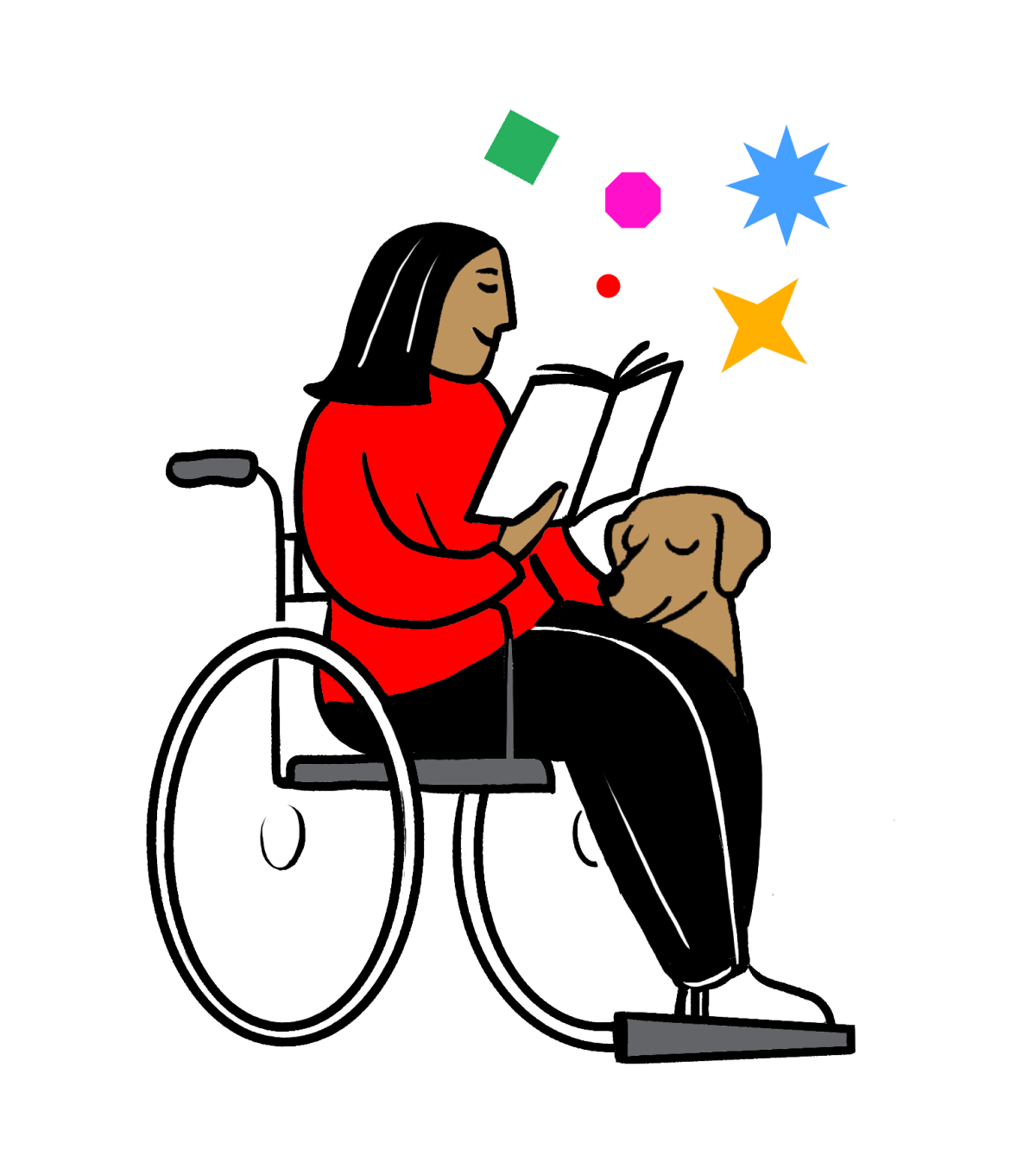 Illustration of a woman in a wheelchair, reading and petting a dog.