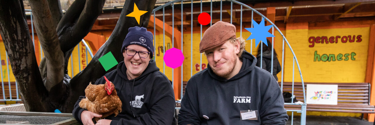 A couple, one holding a hen, sit by a chicken coop and smile at the camera. Colourful 2D shape overlays form a line between their heads.