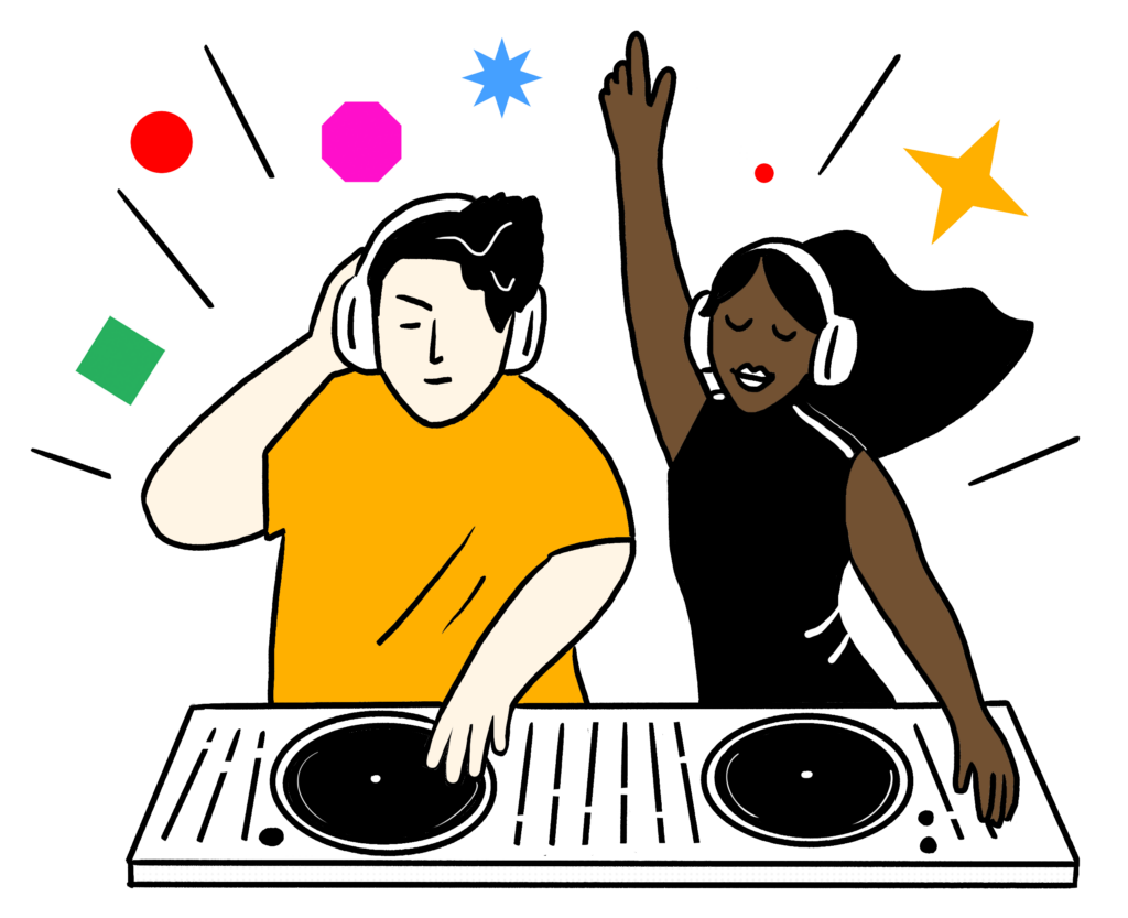 Colourful illustration of a DJ wearing headphones and spinning music on a turntable, with a woman dancing next to him, also wearing headphones. Bright geometric shapes surround them to convey a festive atmosphere.
