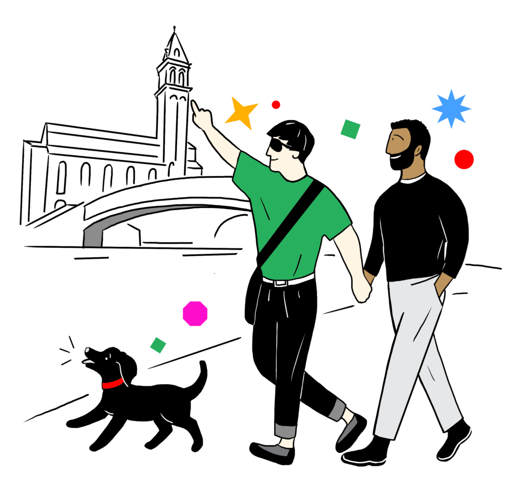 Illustration of two people holding hands and walking a dog while sightseeing near a historic building with a tall clock tower. One person is pointing at the building. Colourful shapes add a playful touch.