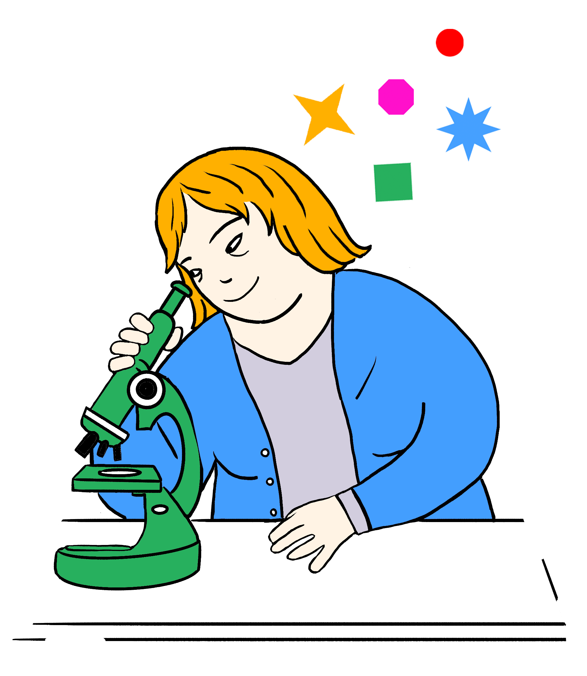 Illustration of a person with orange hair and Down's syndrome wearing a blue sweater, looking through a green microscope. Colourful shapes float above, representing imagination or discovery.