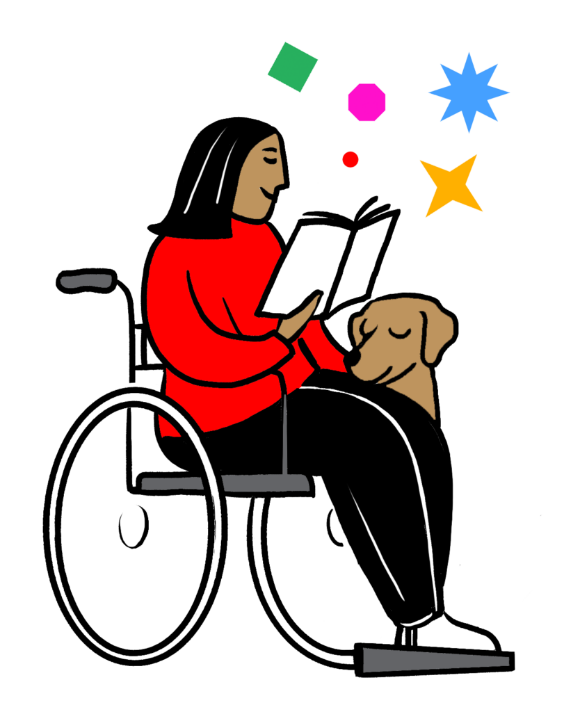Illustration of a person with long black hair wearing a red sweater, sitting in a wheelchair and reading a book. A service dog rests its head on their lap. Colourful shapes float above, symbolising creativity or thought