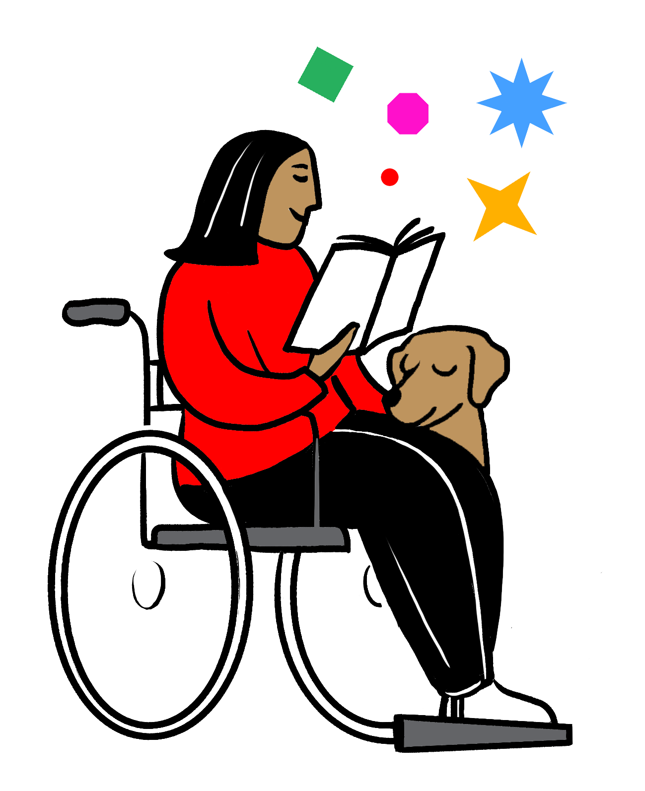 Illustration of a person with long black hair wearing a red sweater, sitting in a wheelchair and reading a book. A service dog rests its head on their lap. Colourful shapes float above, symbolising creativity or thought