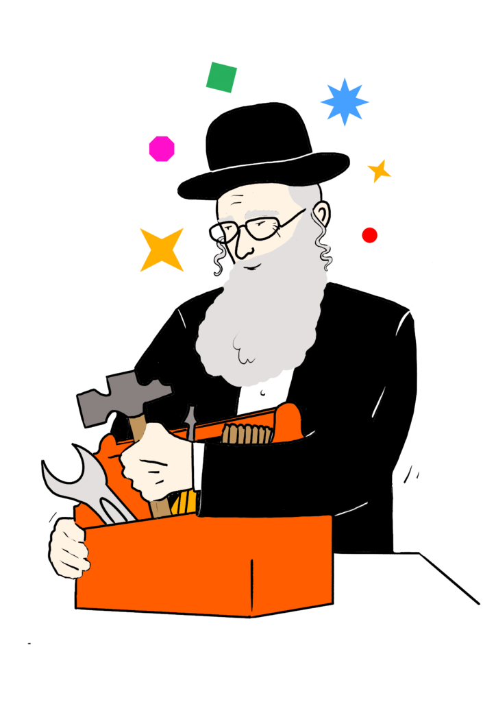 Colourful illustration of a man wearing Hasidic jew attire rummaging in a toolbox. Bright geometric shapes surround him to convey a festive atmosphere.