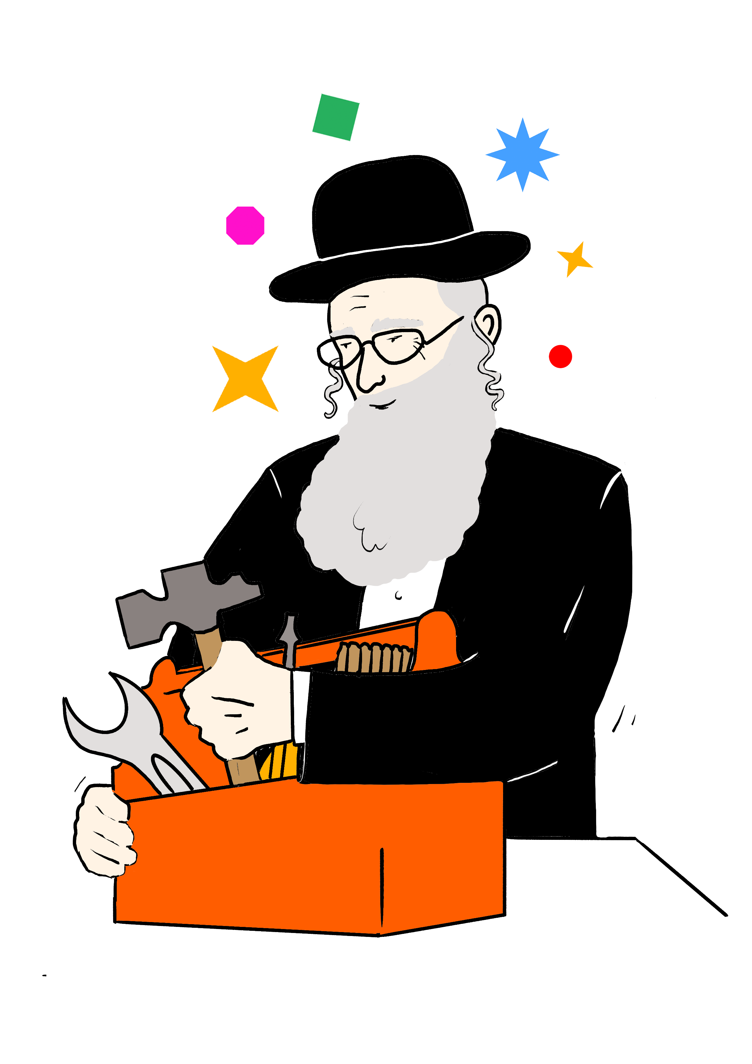 Colourful illustration of a man wearing Hasidic jew attire rummaging in a toolbox. Bright geometric shapes surround him to convey a festive atmosphere.