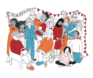 Illustration of a large group of people huddled together, smiling and embracing under red bunting and a Fun Palaces banner.