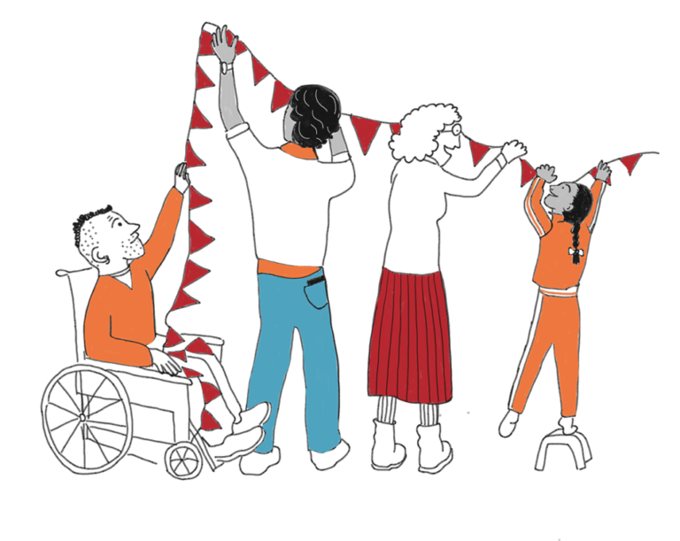 Illustration of four people, one using a wheelchair, hanging red and white bunting together.