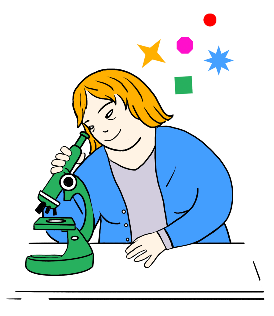 Illustration of a woman looking down a microscope.