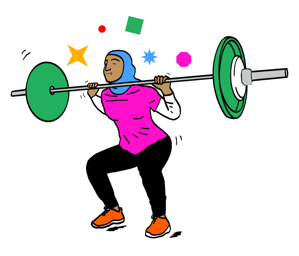 Illustration of a woman in a hijab and workout clothing power lifting.