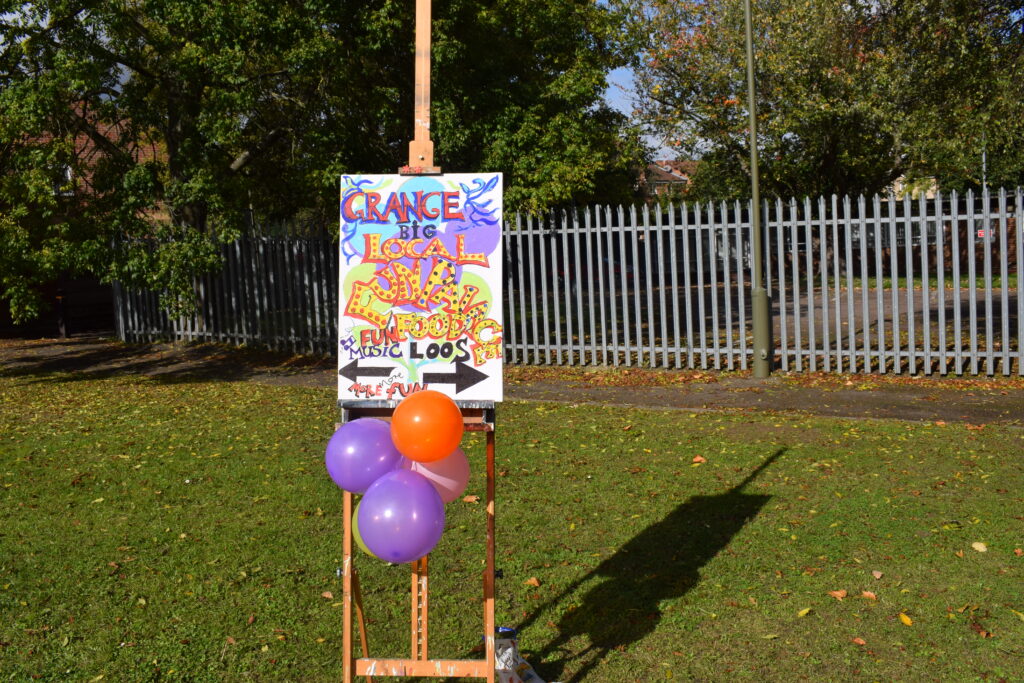 Picture of a colourful board reading Grange Big Local Fun Palace with balloons underneath