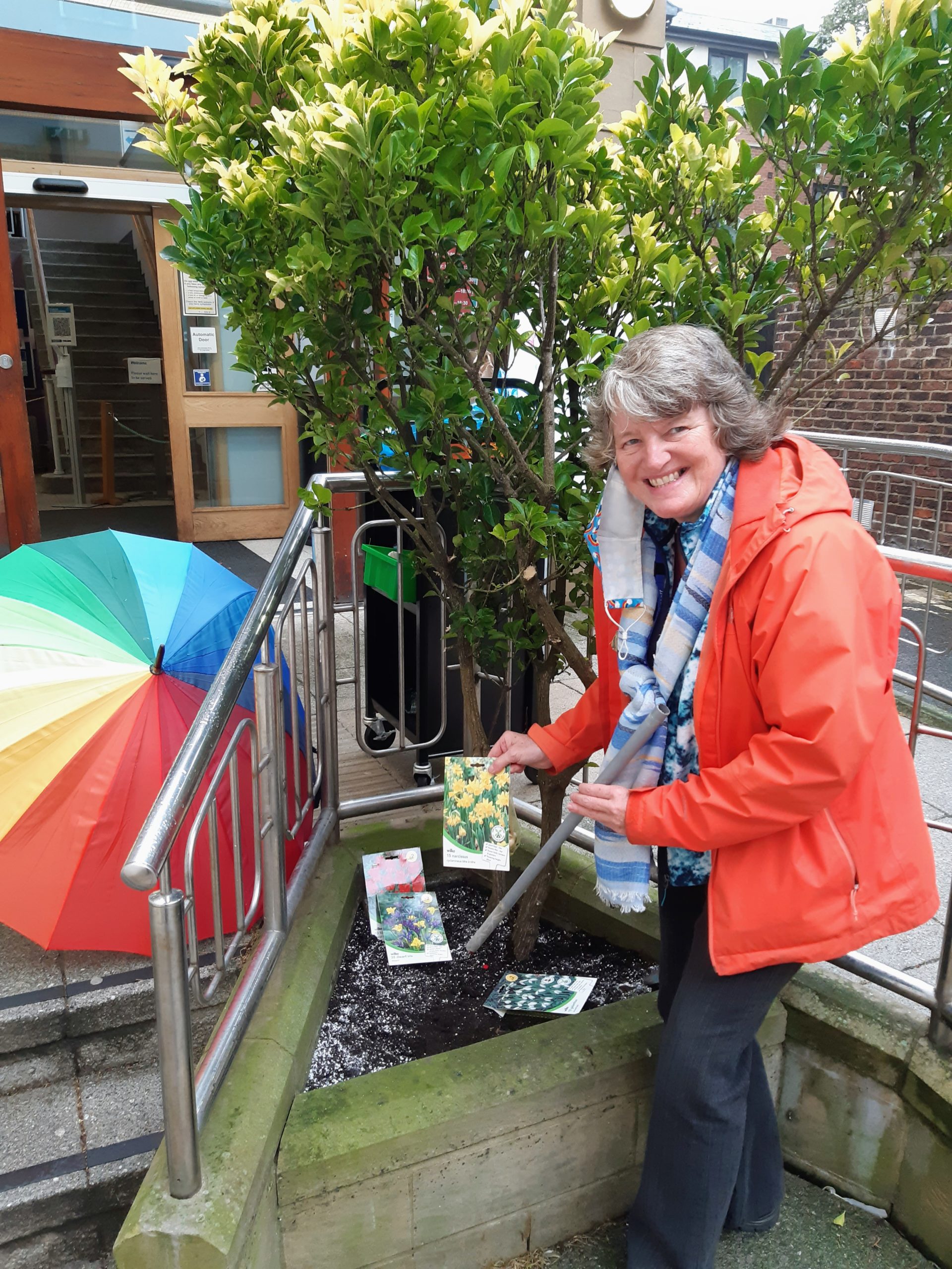 Coralie planting spring bulbs...in the rain...at Scarborough Library
